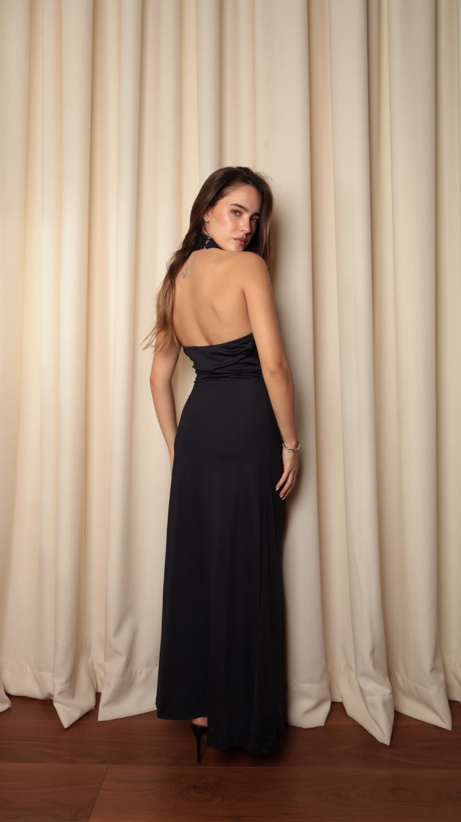 Twisted Halter Open-Back Maxi Dress