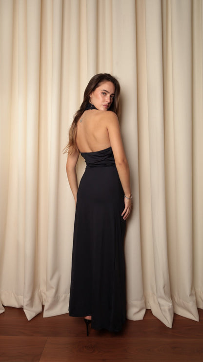 Twisted Halter Open-Back Maxi Dress