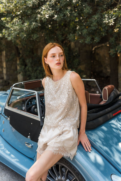Clara Sequin Top — Ivory Beaded