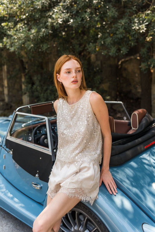 Clara Sequin Top — Ivory Beaded