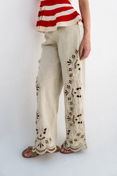 Sahara Guipure Wide-Leg Pants — Cream