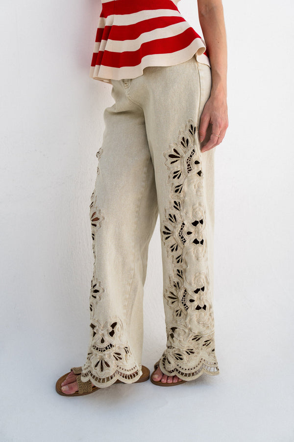 Sahara Guipure Wide-Leg Pants — Cream