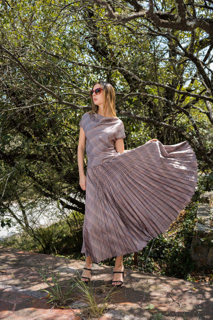 Pleated Maxi Skirt — Taupe Plaid
