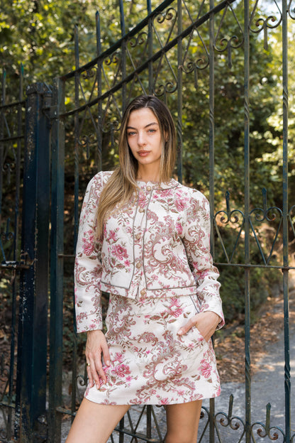 Amara Floral Jacquard Blazer — Ivory & Pink