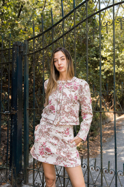 Amara Floral Jacquard Blazer — Ivory & Pink