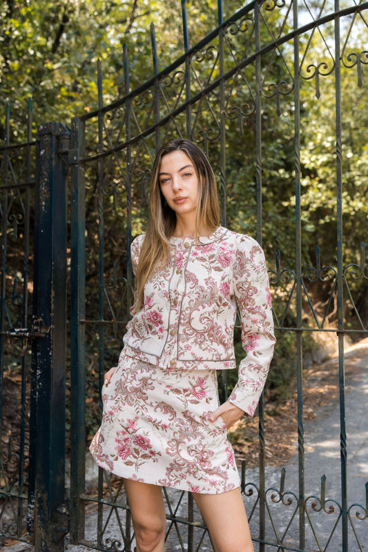 Floral Jacquard Collarless Cropped Jacket