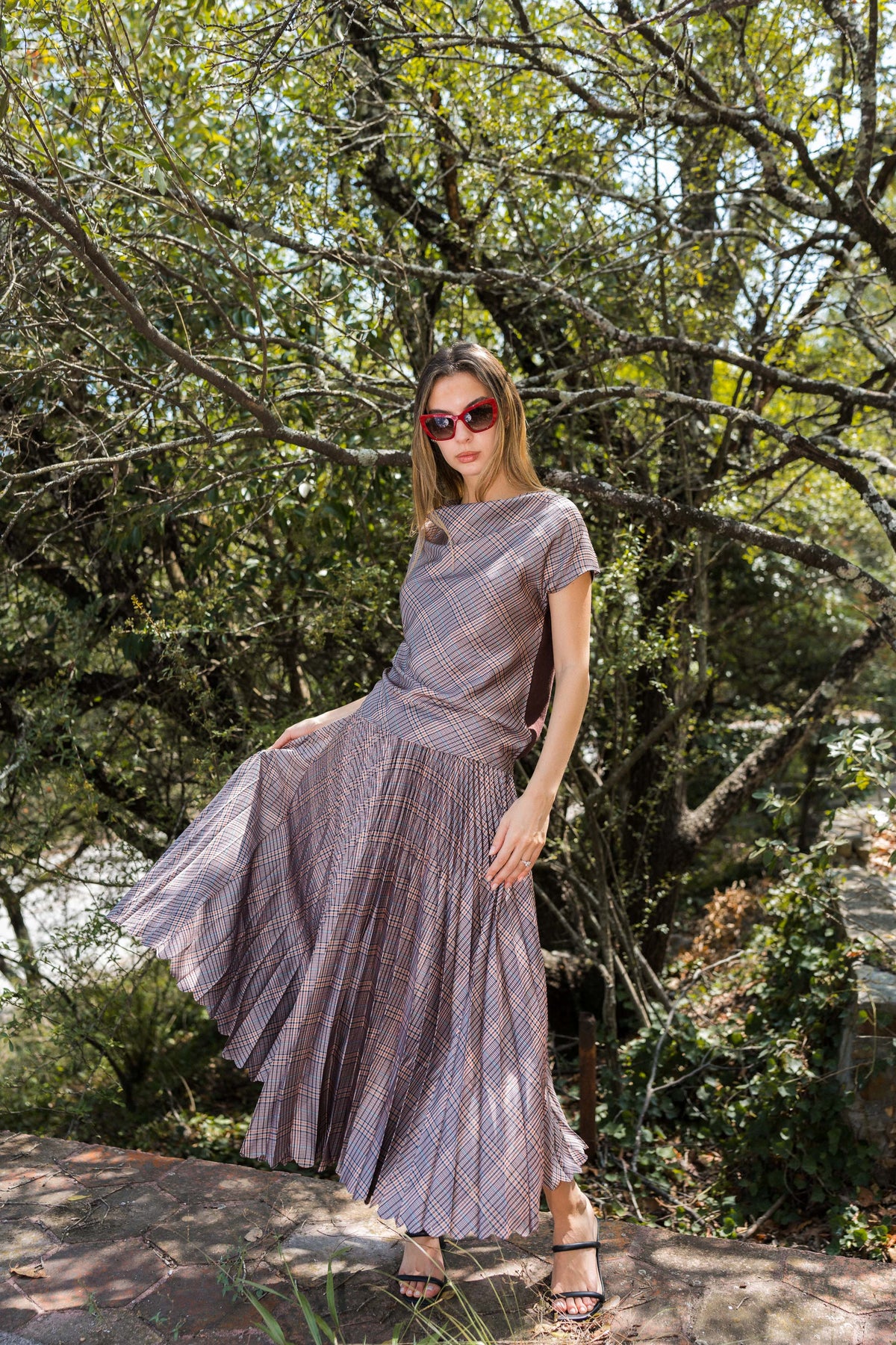 Pleated Blouse — Taupe Plaid