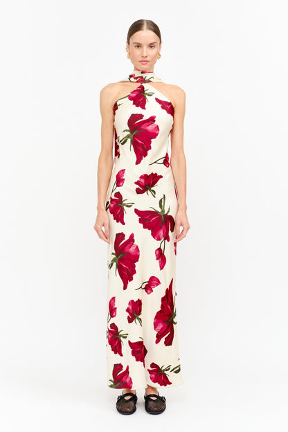 Red Floral Halter Maxi Dress