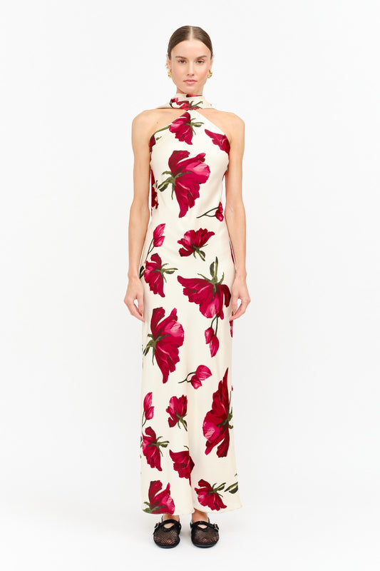 Red Floral Halter Maxi Dress