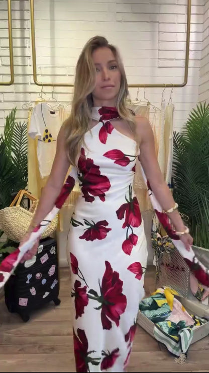 Red Floral Halter Maxi Dress
