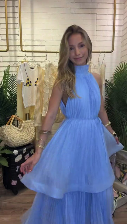 Sky Blue Pleated Halter Maxi Dress