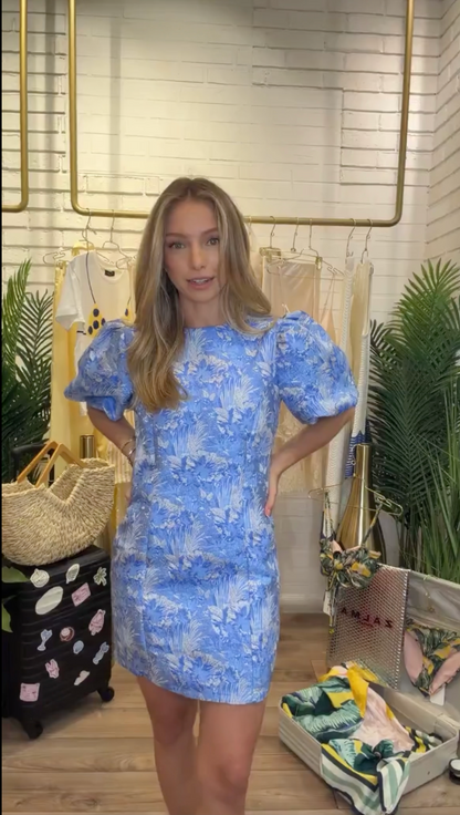 Azure Garden Puff Sleeve Mini Dress